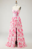 White Pink Flower A-Line Corset Tiered Strapless Prom Dress With Slit
