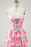 White Pink Flower A-Line Corset Tiered Strapless Prom Dress With Slit
