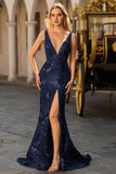 Navy Mermaid V-Neck Beaded Prom Dress With Slit