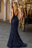 Navy Mermaid V-Neck Beaded Prom Dress With Slit
