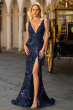 Navy Mermaid V-Neck Beaded Prom Dress With Slit