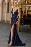 Navy Mermaid V-Neck Beaded Prom Dress With Slit