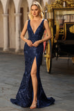 Navy Mermaid V-Neck Beaded Prom Dress With Slit