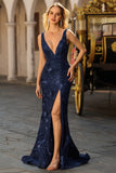 Navy Mermaid V-Neck Beaded Prom Dress With Slit