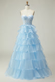 Blue Sweetheart Princess Corset Sequin Prom Dress With Ruffles