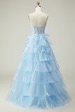 Blue Sweetheart Princess Corset Sequin Prom Dress With Ruffles