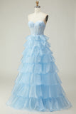 Blue Sweetheart Princess Corset Sequin Prom Dress With Ruffles
