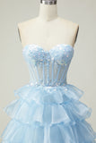 Blue Sweetheart Princess Corset Sequin Prom Dress With Ruffles
