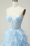 Blue Sweetheart Princess Corset Sequin Prom Dress With Ruffles