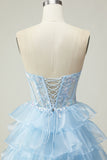 Blue Sweetheart Princess Corset Sequin Prom Dress With Ruffles