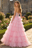 Pink Tiered Corset Appliqued Maxi Prom Dress