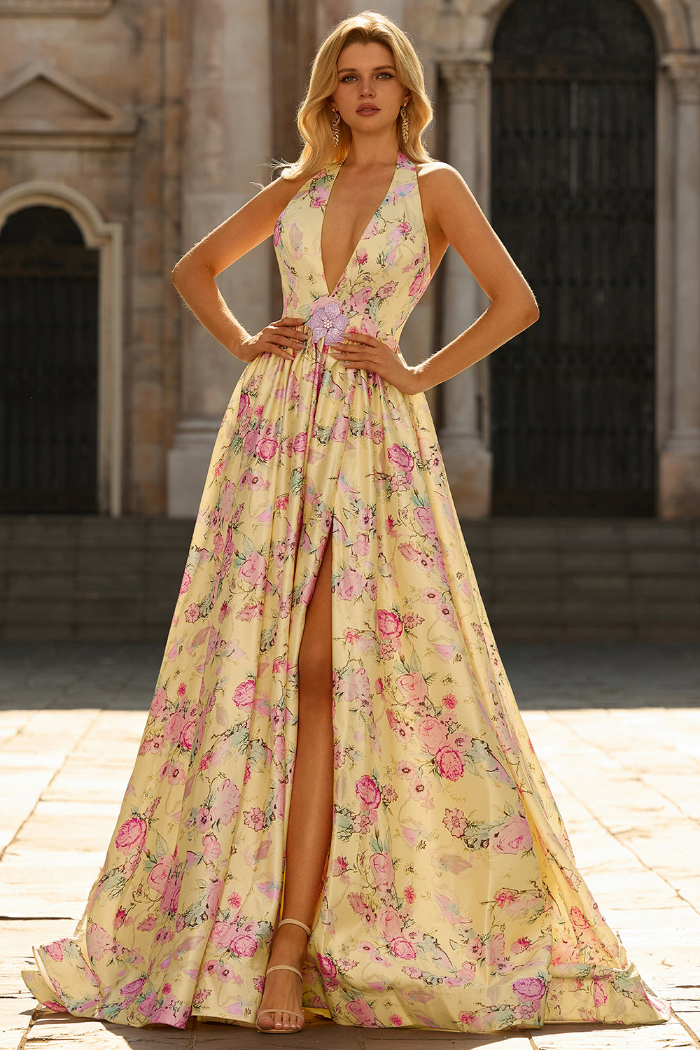 Berylove Women Yellow Pink Floral Prom Dress Halter A Line Maxi Party Dress with Slit