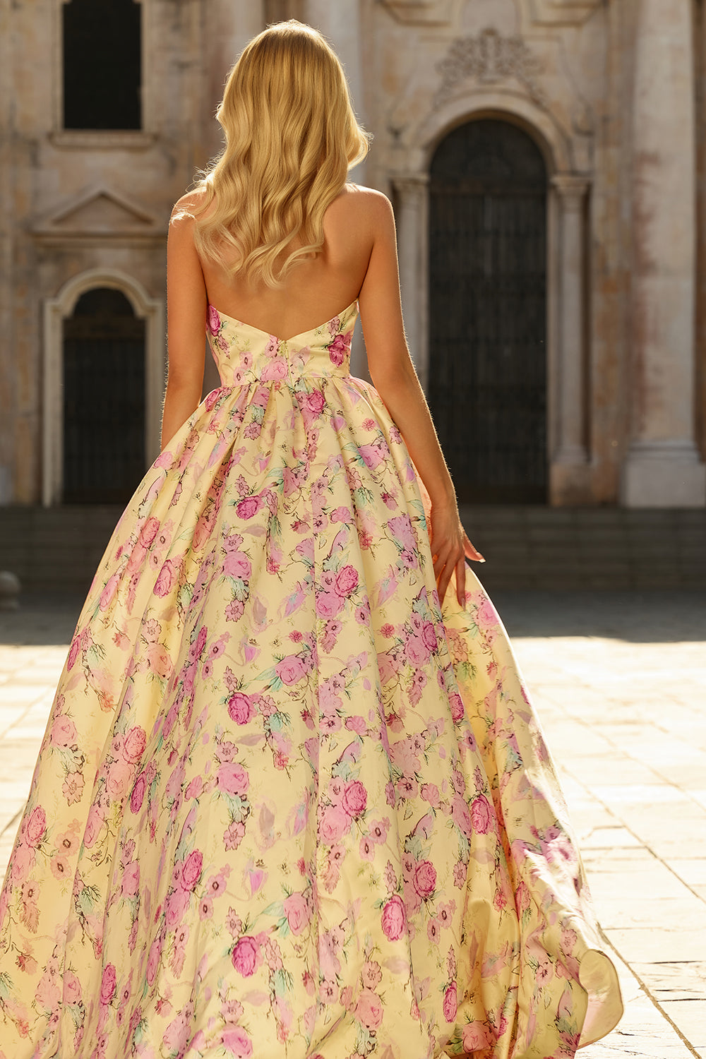 open lace back dress Berylove Women Yellow Pink Floral Prom Dress Halter A Line Maxi Party Dress  with Slit
