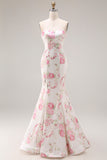 Elegant White Pink Floral Mermaid Maxi Prom Dress