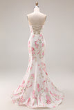 Elegant White Pink Floral Mermaid Maxi Prom Dress