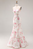 Elegant White Pink Floral Mermaid Maxi Prom Dress