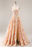Strapless Yellow Pink Floral Corset A Line Prom Dress