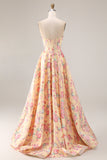 Strapless Yellow Pink Floral Corset A Line Prom Dress