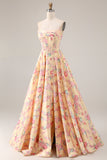 Strapless Yellow Pink Floral Corset A Line Prom Dress