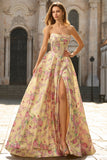 Yellow Pink Floral Strapless Corset A Line Prom Dress
