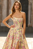 Yellow Pink Floral Strapless Corset A Line Prom Dress
