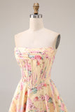 Strapless Yellow Pink Floral Corset A Line Prom Dress