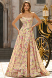 Yellow Pink Floral Strapless Corset A Line Prom Dress