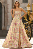 Yellow Pink Floral Strapless Corset A Line Prom Dress