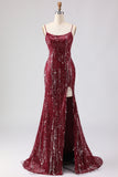 Sparkly Burgundy Mermaid Maxi Prom Dress