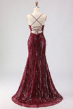 Sparkly Burgundy Mermaid Maxi Prom Dress