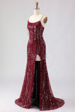 Sparkly Burgundy Mermaid Maxi Prom Dress