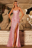 Sparkly Pink Mermaid Strapless Straps Prom Dress