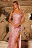 Sparkly Pink Mermaid Strapless Straps Prom Dress