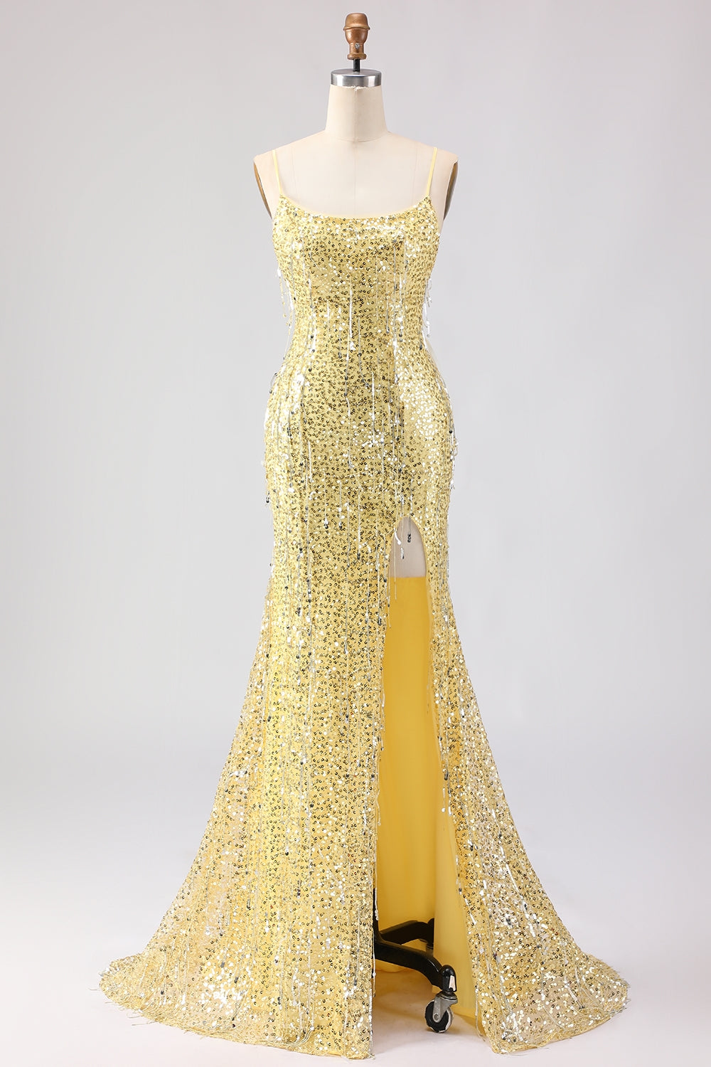 Berylove Women Yellow Prom Dress with Slit Sparkly Mermaid Spaghetti Straps Maxi Party Dress with Sequins Berylove Women Yellow Prom Dress with Slit Sparkly Mermaid Spaghetti Straps Maxi Party Dress with Sequins
