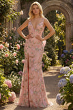 Pink Floral Sequin Mermaid Prom Dress with Detachable Bow