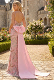 Pink Floral Sequin Mermaid Prom Dress with Detachable Bow