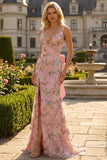 Pink Floral Sequin Mermaid Prom Dress with Detachable Bow