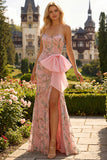 Pink Floral Strapless Mermaid Appliqued Prom Dress with Bow