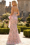 Pink Floral Strapless Mermaid Appliqued Prom Dress with Bow