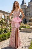 Pink Floral Strapless Mermaid Appliqued Prom Dress with Bow