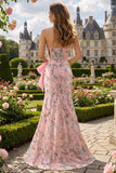 Pink Floral Strapless Mermaid Appliqued Prom Dress with Bow