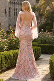 Floral Sequin Mermaid Pink Prom Dress with Bow