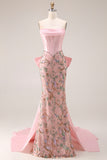 Strapless Basque Waist Floral Pink Bowed Prom Dress