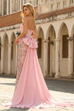 Strapless Basque Waist Floral Pink Bowed Prom Dress
