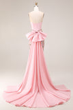 Strapless Basque Waist Floral Pink Bowed Prom Dress