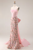 Strapless Corset Floral Pink Mermaid Beaded Prom Dress