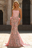 Strapless Basque Waist Floral Pink Bowed Prom Dress