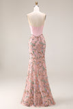 Strapless Basque Waist Floral Pink Bowed Prom Dress