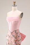 Strapless Corset Floral Pink Mermaid Beaded Prom Dress