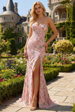 Strapless Mermaid Corset Pink Floral Prom Dress